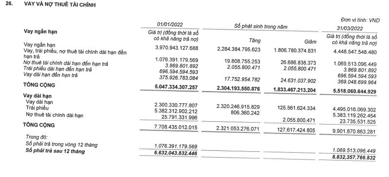Chi tiết t&igrave;nh h&igrave;nh nợ vay tại Vinaconex t&iacute;nh đến 31/3/2022 (Nguồn: BCTC hợp nhất kiểm to&aacute;n năm 2021)