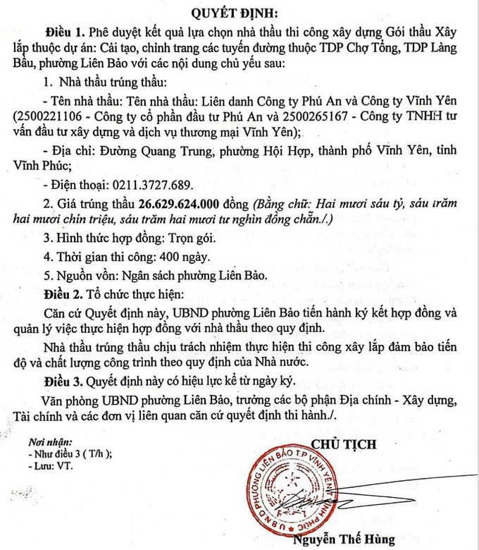 Quyết định ph&ecirc; duyệt kết quả lựa chọn nh&agrave; thầu thi c&ocirc;ng x&acirc;y dựng G&oacute;i thầu X&acirc;y lắp thuộc dự &aacute;n: Cải tạo, chỉnh trang c&aacute;c tuyến đường thuộc TDP Chợ Tổng, TDP L&agrave;ng Bầu, phường Li&ecirc;n Bảo, TP Vĩnh Y&ecirc;n.
