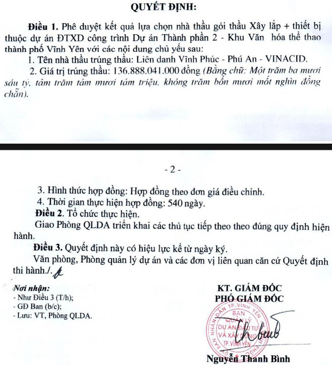Quyết định ph&ecirc; duyệt kết quả lựa chọn nh&agrave; thầu g&oacute;i thầu X&acirc;y lắp + thiết bị thuộc dự &aacute;n ĐTXD c&ocirc;ng tr&igrave;nh Dự &aacute;n Th&agrave;nh phần 2 &ndash; Khu Văn ho&aacute; thể thao TP Vĩnh Y&ecirc;n.