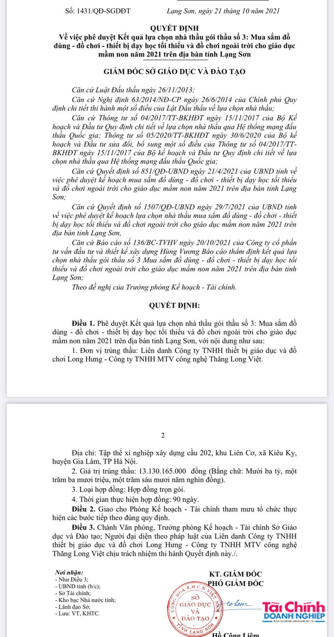 Quyết định ph&ecirc; duyệt nh&agrave; thầu do Ph&oacute; GĐ Sở GD&amp;ĐT Lạng Sơn Hồ C&ocirc;ng Li&ecirc;m k&yacute;.
