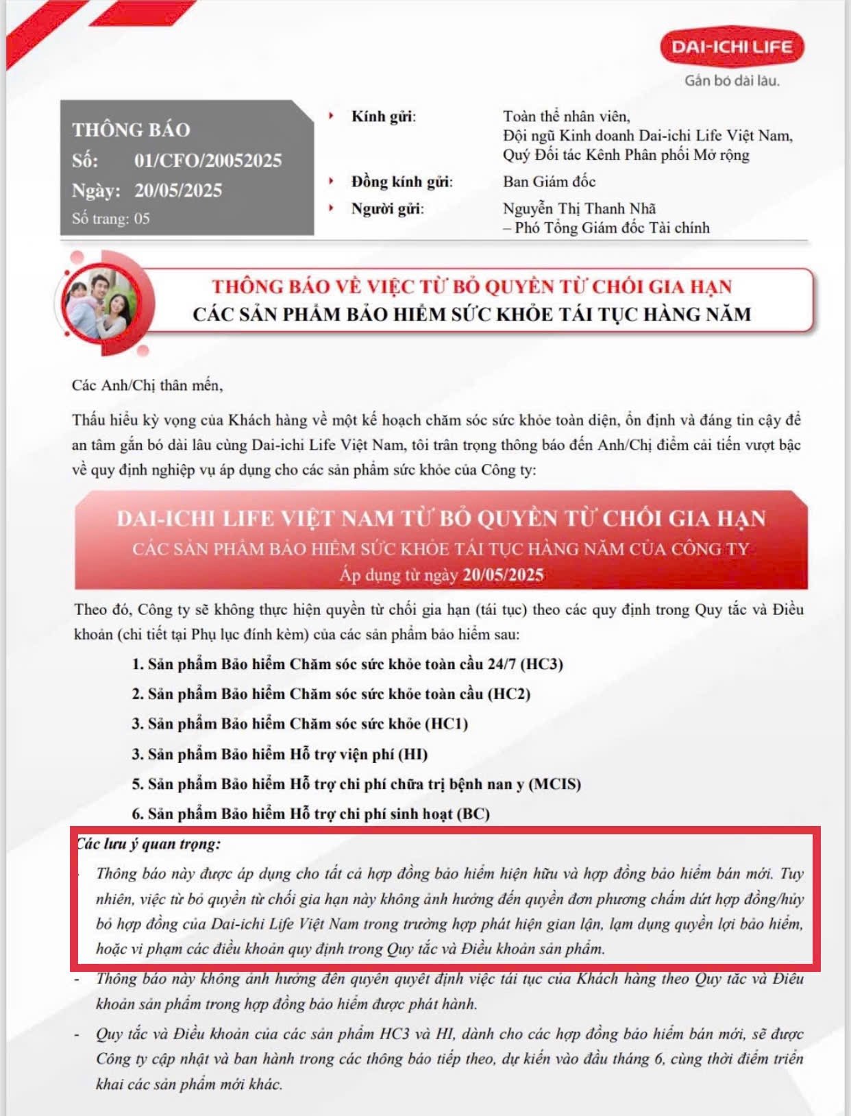 Th&ocirc;ng b&aacute;o của Dai-ichi Life về &ldquo;cam kết&rdquo; kh&ocirc;ng cắt thẻ CSSK
