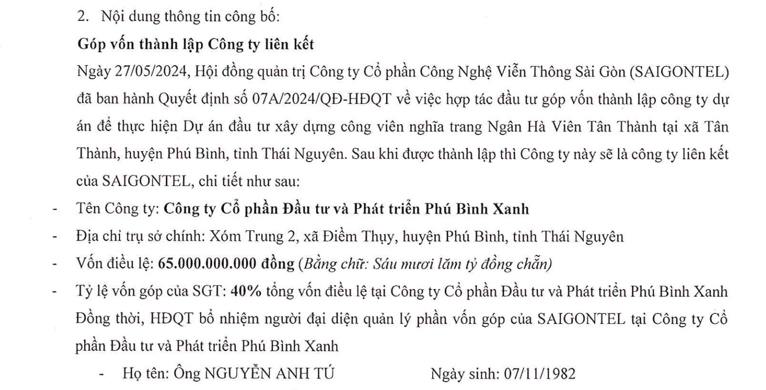 Saigontel sẽ g&oacute;p vốn th&agrave;nh lập c&ocirc;ng ty dự &aacute;n để thực hiện c&ocirc;ng vi&ecirc;n nghĩa trang tại Th&aacute;i Nguy&ecirc;n