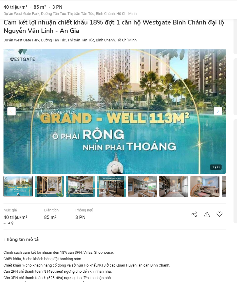 Dự &aacute;n Westgate (B&igrave;nh Ch&aacute;nh) của An Gia cam kết lợi nhuận 18%.