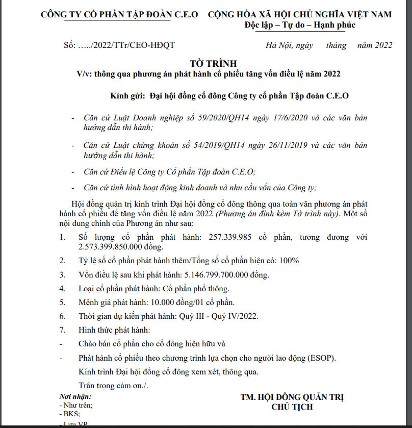 Tờ tr&igrave;nh về phương &aacute;n ph&aacute;t h&agrave;nh cổ phiếu tăng vốn của CEO Group (đ&atilde; được th&ocirc;ng qua).