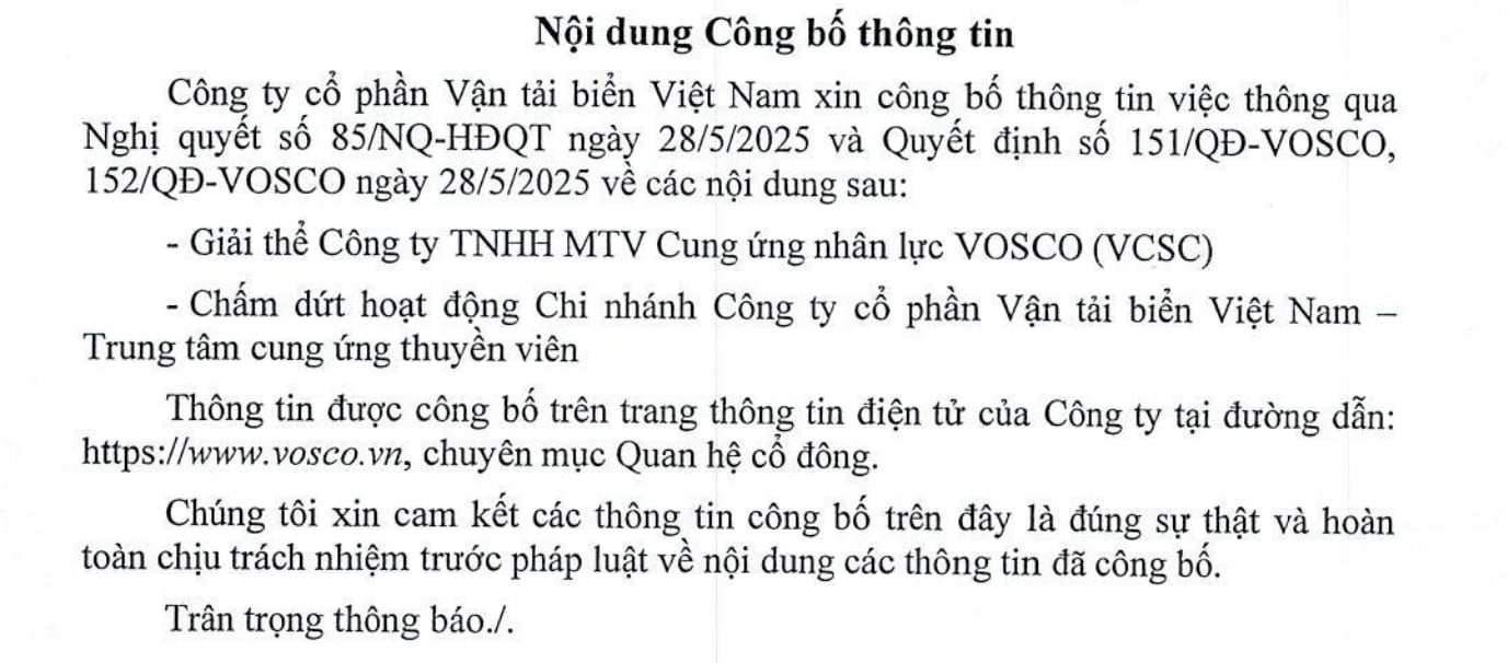 Nội dung c&ocirc;ng bố th&ocirc;ng tin của VOSCO
