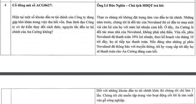 &Ocirc;ng L&ecirc; Đức Nghĩa - Chủ tịch HĐQT C&ocirc;ng ty Cổ phần Gỗ An Cường trả lời cổ đ&ocirc;ng về việc đầu tư t&agrave;i ch&iacute;nh.