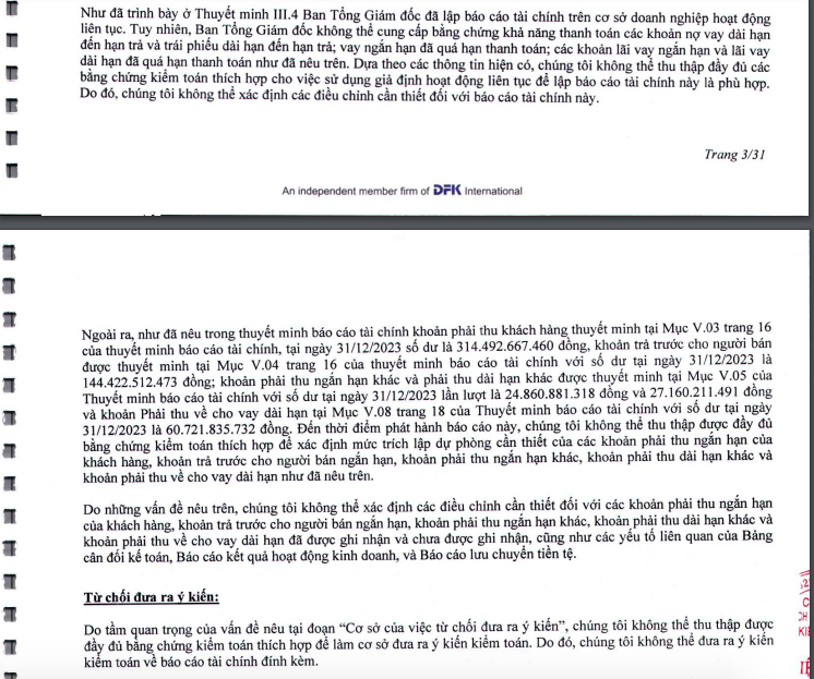 Đơn vị kiểm to&aacute;n từ chối đưa ra &yacute; kiến kiểm to&aacute;n đối với b&aacute;o c&aacute;o t&agrave;i ch&iacute;nh năm 2023 của Xi măng C&ocirc;ng Thanh