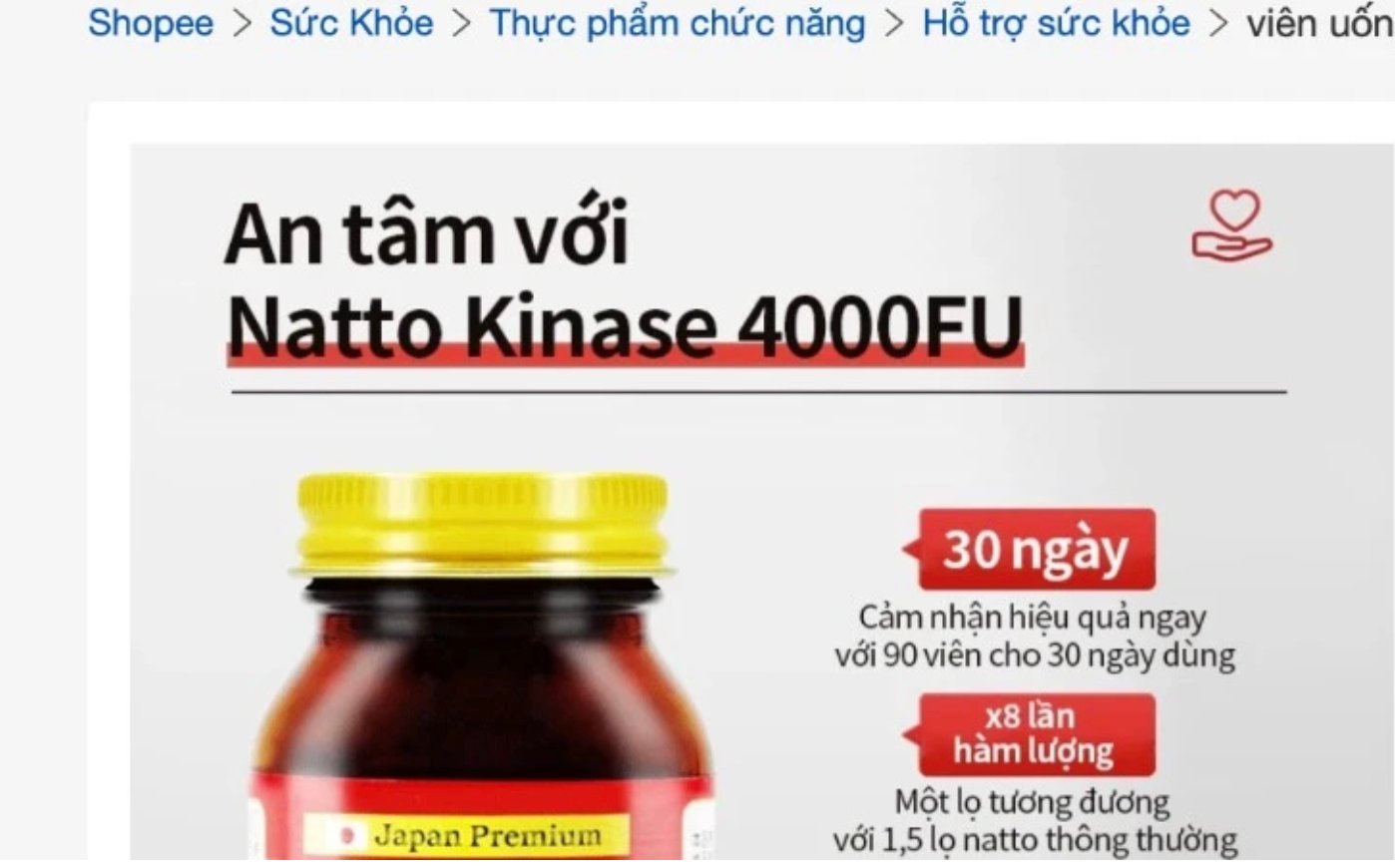 Sản phẩm Natto Kinase 4000fu được kinh doanh tr&ecirc;n Shopee. (Ảnh: Cục An to&agrave;n thực phẩm)