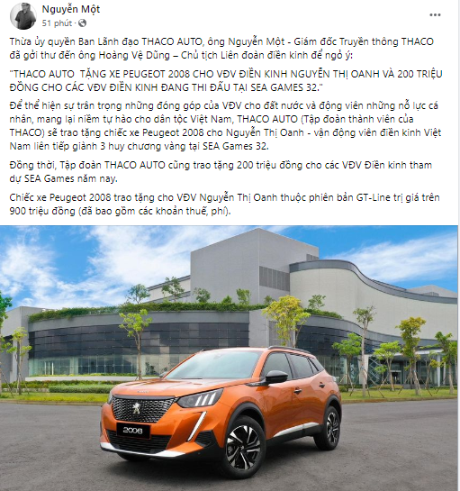 D&ograve;ng trạng th&aacute;i th&ocirc;ng b&aacute;o về phần qu&agrave; m&agrave; Tập đo&agrave;n THACO d&agrave;nh cho VĐV Nguyễn Thị Oanh. Ảnh chụp m&agrave;n h&igrave;nh