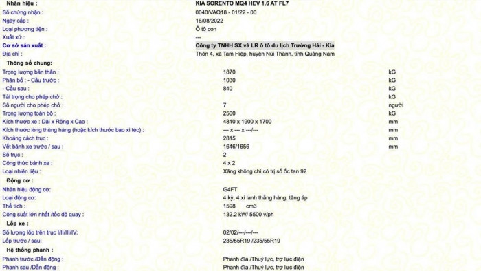 Kia Sorento Hybird được lắp r&aacute;p tại nh&agrave; m&aacute;y c&ocirc;ng ty TNHH sản xuất v&agrave; lắp r&aacute;p &ocirc; t&ocirc; du lịch Trường Hải - Kia, Chu Lai, Quảng Nam.