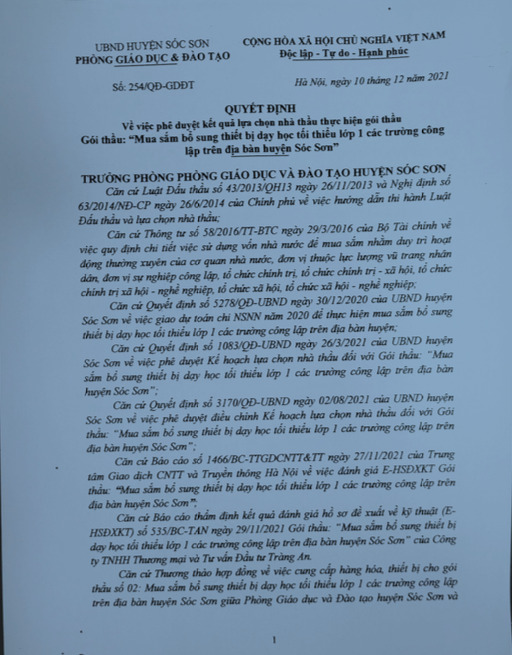 Dấu hiệu đội giá trong các gói thầu tại Phòng Giáo dục và Đào tạo huyện Sóc Sơn - Ảnh 1