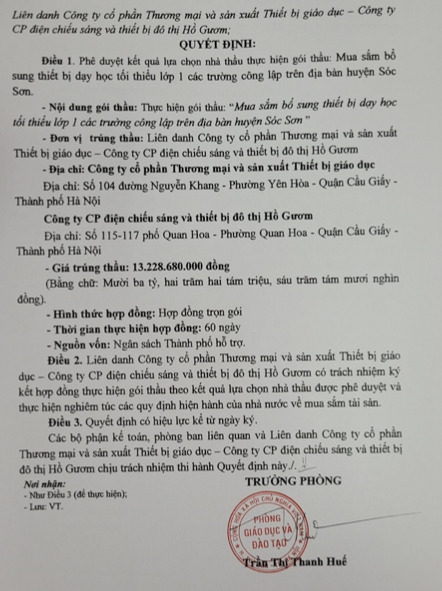 Quyết định số 270/QĐ-GD&amp;ĐT của Ph&ograve;ng Gi&aacute;o dục v&agrave; Đ&agrave;o tạo huyện S&oacute;c Sơn về việc ph&ecirc; duyệt kết quả lựa chọn nh&agrave; thầu g&oacute;i thầu: mua sắm đồ d&ugrave;ng, thiết bị dạy học phục vụ chương tr&igrave;nh thay s&aacute;ch gi&aacute;o khoa lớp 2, lớp 6. Theo đ&oacute;, đơn vị tr&uacute;ng thầu l&agrave; li&ecirc;n danh C&ocirc;ng ty cổ phần VinaLong v&agrave; C&ocirc;ng ty cổ phần thương mại v&agrave; ph&aacute;t triển B&igrave;nh An (C&ocirc;ng ty B&igrave;nh An).