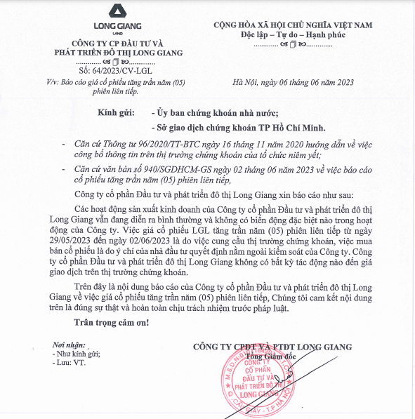 Văn bản giải tr&igrave;nh của&nbsp;Long Giang Land. Nguồn: Long Giang Land