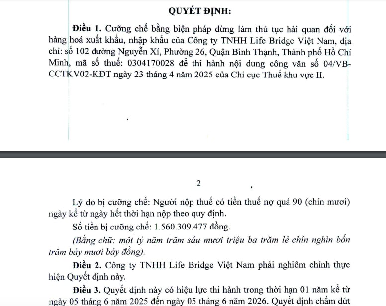 Quyết định cưỡng chế đối với&nbsp;C&ocirc;ng ty TNHH Life Bridge Việt Nam