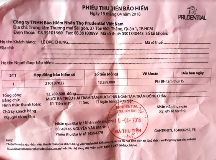 &Ocirc;ng Chung đ&atilde; nộp số tiền hơn 13 triệu đồng v&agrave;o ng&agrave;y 19/4/2018 cho C&ocirc;ng ty TNHH Bảo hiểm Nh&acirc;n thọ Prudential Việt Nam &nbsp;