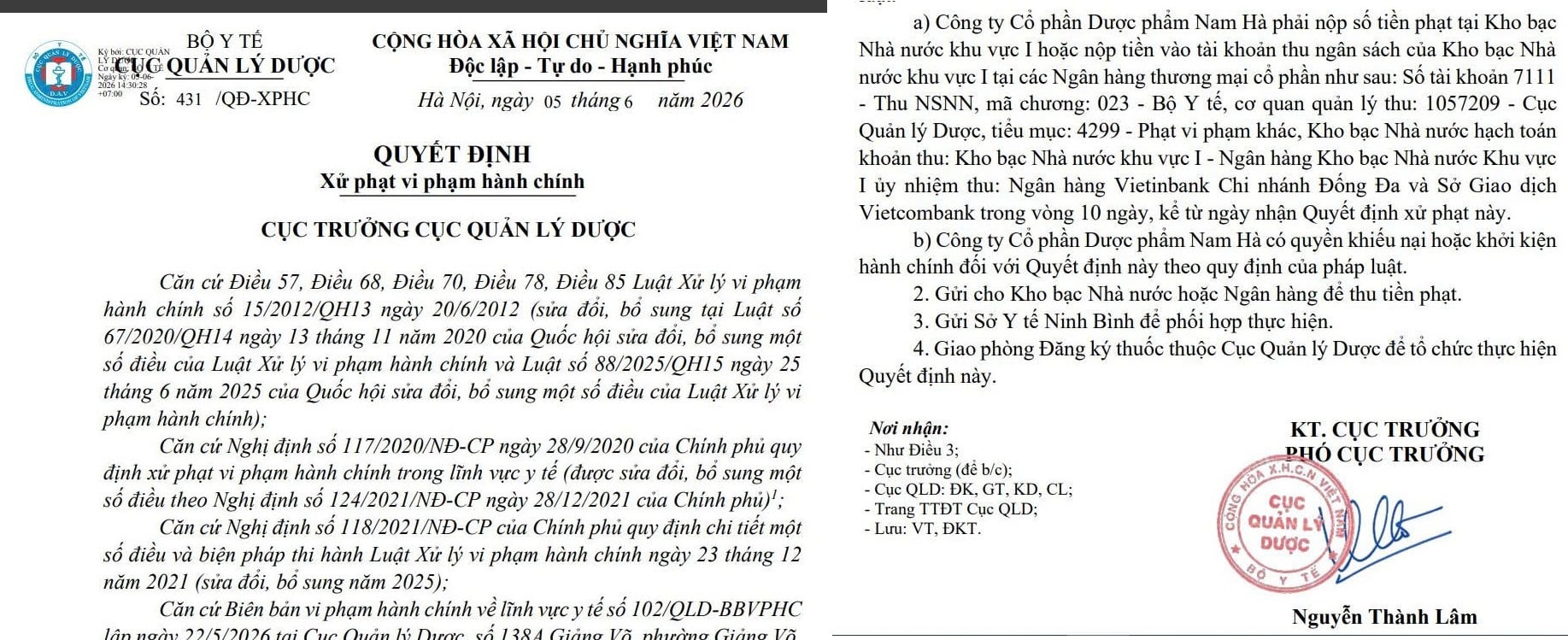 Dược phẩm Nam H&agrave; vừa bị Cục Quản l&yacute; Dược xử phạt 125 triệu đồng do vi phạm quy định li&ecirc;n quan đến đăng k&yacute; lưu h&agrave;nh thuốc.