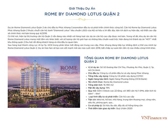Các thông tin quảng cáo dự án Rome Diamond Lotus thời điểm rao bán rầm rộ năm 2018. (Ảnh VNFinance.vn)