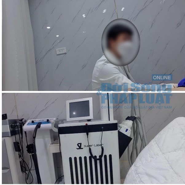 Một người đ&agrave;n &ocirc;ng mặc &aacute;o blouse, kh&ocirc;ng đeo biển t&ecirc;n, tự nhận m&igrave;nh l&agrave; b&aacute;c sĩ Ước đang tư vấn cho kh&aacute;ch h&agrave;ng về dịch vụ &ldquo;độn cằm V-line&rdquo;.