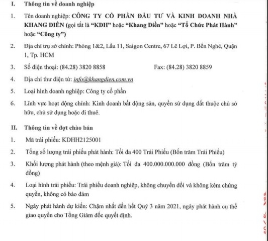 C&ocirc;ng ty Cổ phần Đầu tư v&agrave; Kinh doanh Nh&agrave; Khang Điền c&ocirc;ng bố ph&aacute;t h&agrave;nh ri&ecirc;ng lẻ tối đa 400 tỷ đồng tr&aacute;i phiếu kh&ocirc;ng chuyển đổi, kh&ocirc;ng t&agrave;i sản đảm bảo. &nbsp;