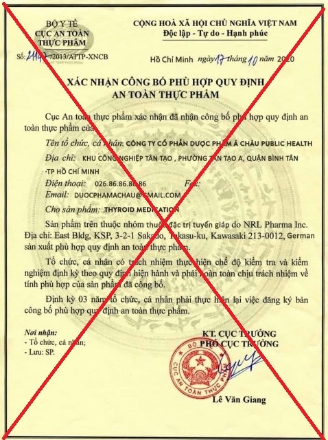 Loại giấy tờ giả được doanh nghiệp d&ugrave;ng để quảng c&aacute;o sản phẩm tr&ecirc;n mạng. (Ảnh:&nbsp;Cục An to&agrave;n thực phẩm)