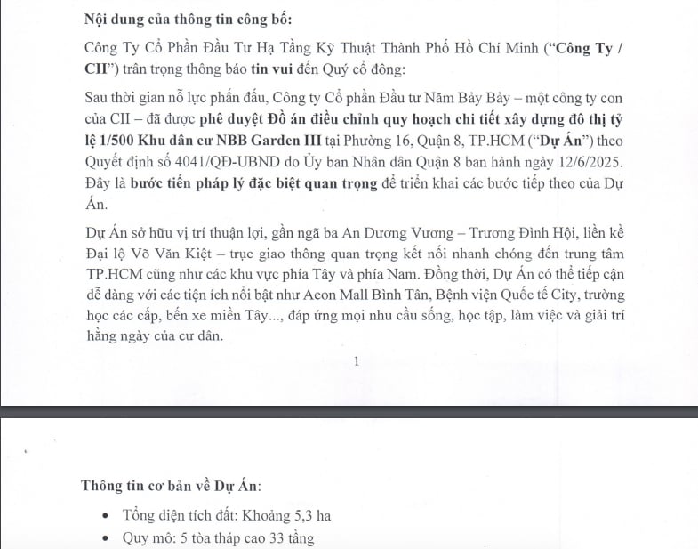 Dự &aacute;n NBB Garden III do CTCP Đầu tư Năm Bảy Bảy, c&ocirc;ng ty con của Tập đo&agrave;n CII l&agrave;m chủ đầu tư.