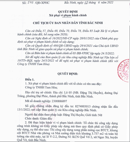 Quyết định xử phạt C&ocirc;ng ty TNHH Tam H&ograve;a.