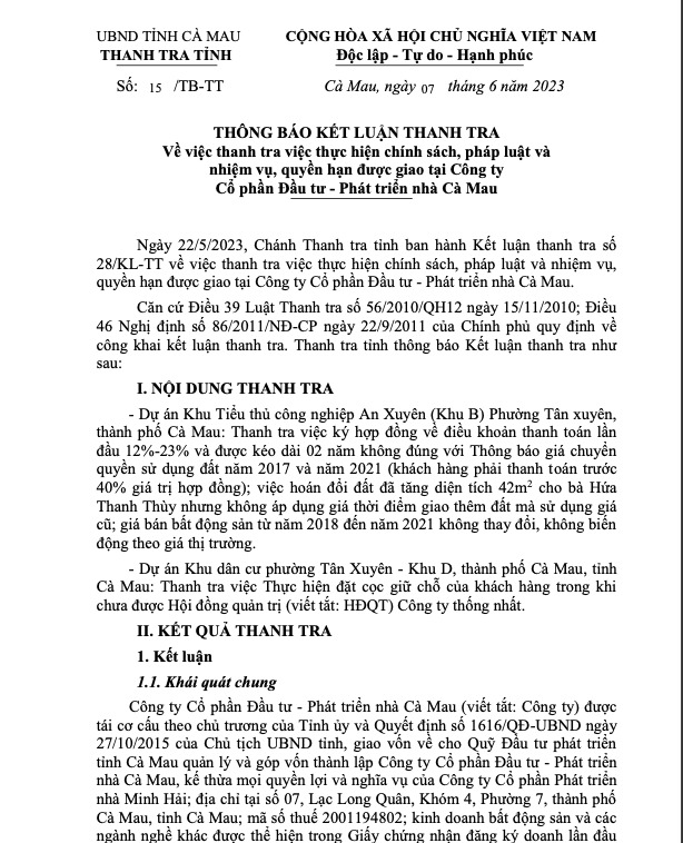 Thanh tra tỉnh C&agrave; Mau chỉ ra loạt vi phạm về đất đai tại C&ocirc;ng ty Cổ phần Đầu tư - Ph&aacute;t triển Nh&agrave; C&agrave; Mau.