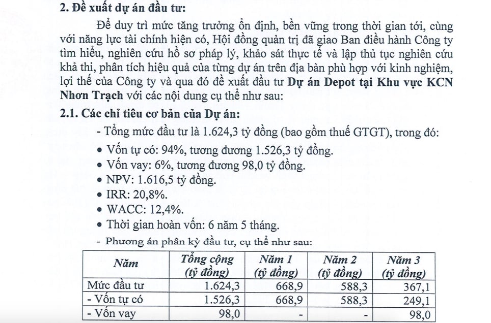 C&ocirc;ng ty T&iacute;n Nghĩa cũng tr&igrave;nh phương &aacute;n đầu tư dự &aacute;n depot tại khu vực Khu c&ocirc;ng nghiệp Nhơn Trạch, với tổng vốn đầu tư hơn 1.624,3 tỷ đồng.