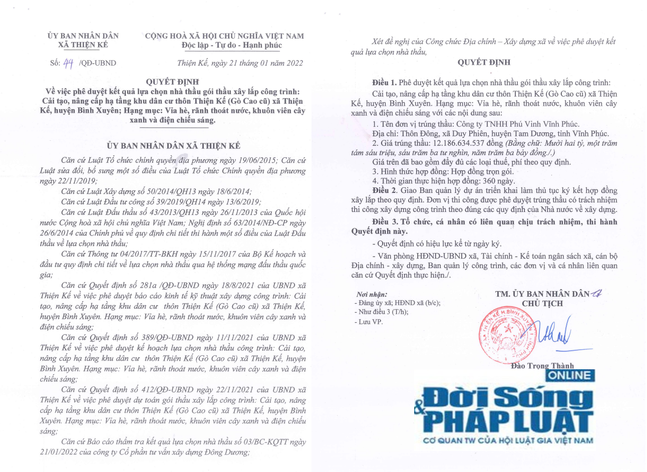 Một quyết định do &ocirc;ng Đ&agrave;o Trọng Th&agrave;nh k&yacute; ph&ecirc; duyệt cho c&ocirc;ng ty Ph&uacute; Vinh tr&uacute;ng thầu.