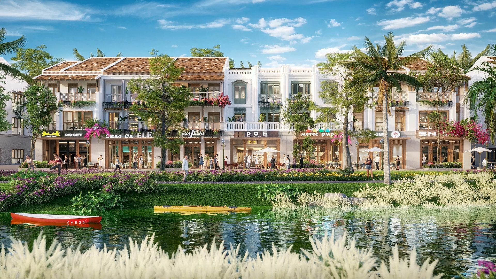 C&aacute;c d&atilde;y nh&agrave; phố Phường Mộc với gam m&agrave;u trầm ấm v&agrave; cửa k&iacute;nh lớn mở ra tầm nh&igrave;n kho&aacute;ng đạt. Ảnh: Sun Property