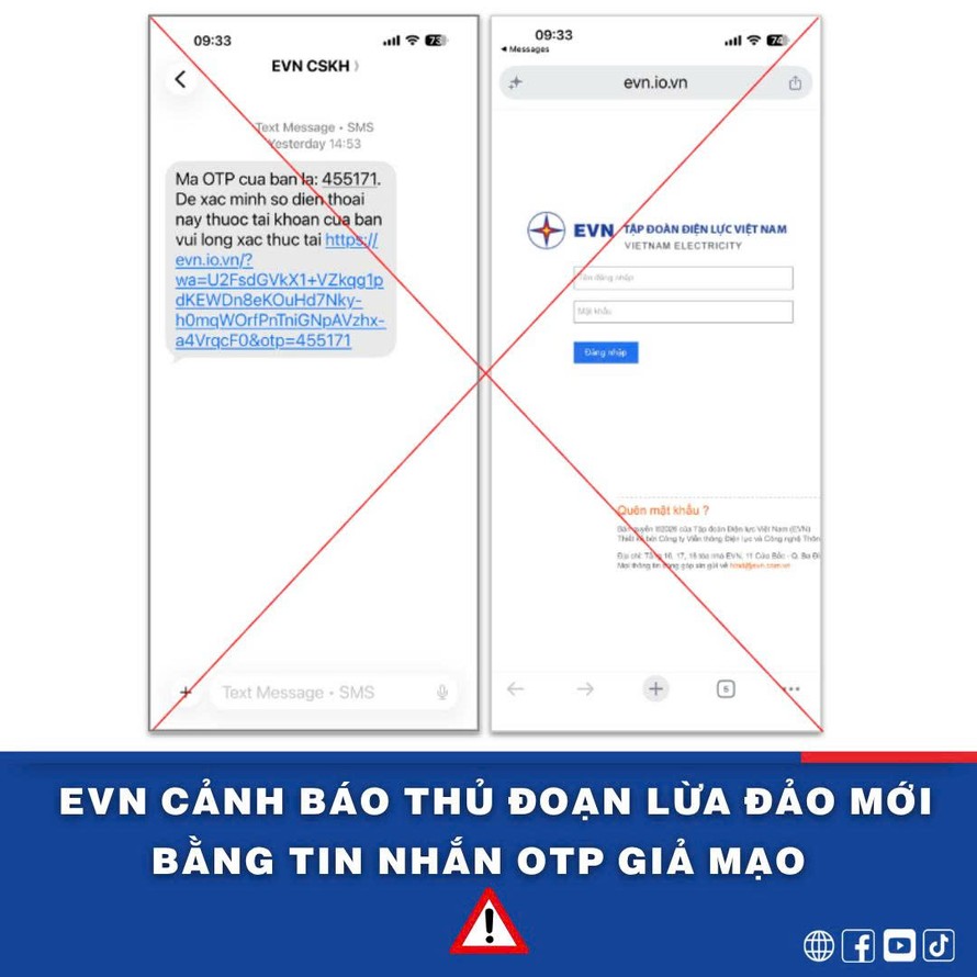 EVN cảnh báo thủ đoạn lừa đảo mới bằng tin nhắn OTP giả mạo - Ảnh 1