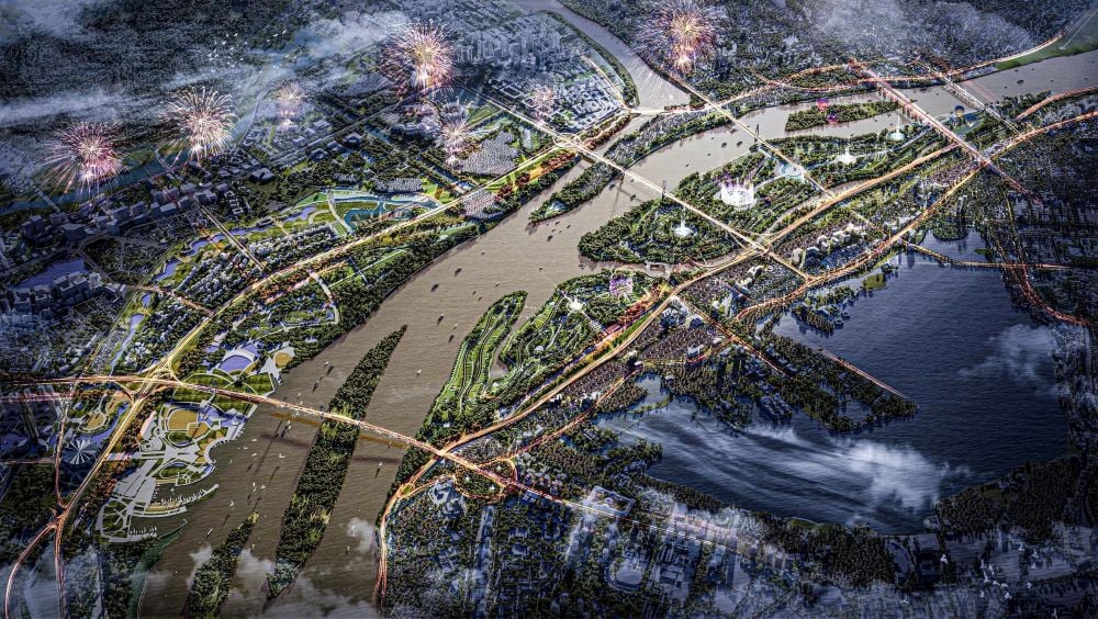 Phối cảnh dự &aacute;n đại lộ v&agrave; cảnh quan ven s&ocirc;ng Hồng do li&ecirc;n danh Đ&egrave;o Cả - Văn Ph&uacute; đề xuất.