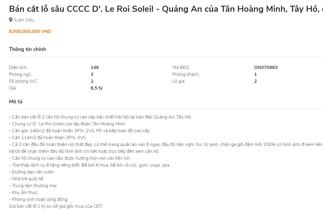 Căn hộ cao cấp được rao b&aacute;n cắt lỗ l&ecirc;n đến 1 tỷ đồng.