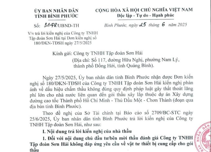 UBND tỉnh B&igrave;nh Phước phản hồi những kiến nghị của Tập đo&agrave;n Sơn Hải đối với việc chấm thầu g&oacute;i x&acirc;y lắp thuộc dự &aacute;n x&acirc;y dựng đường cao tốc Tp.HCM - Thủ Dầu Một - Chơn Th&agrave;nh (đoạn qua tỉnh B&igrave;nh Phước).