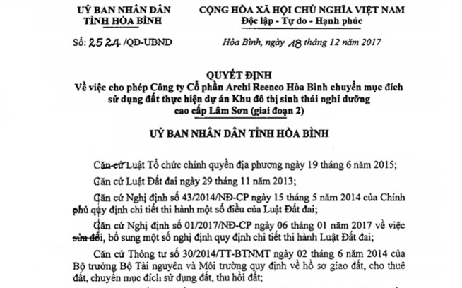 Quyết định chuyển mục đ&iacute;ch sử dụng đất của UBND tỉnh H&ograve;a B&igrave;nh cho c&ocirc;ng ty Archi Reenco tại dự &aacute;n Ivory Villas Resort
