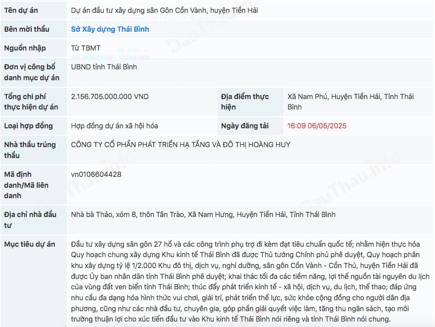 C&ocirc;ng ty cổ phần Ph&aacute;t triển hạ tầng v&agrave; đ&ocirc; thị Ho&agrave;ng Huy l&agrave; chủ đầu tư thực hiện dự &aacute;n s&acirc;n golf cồn V&agrave;nh