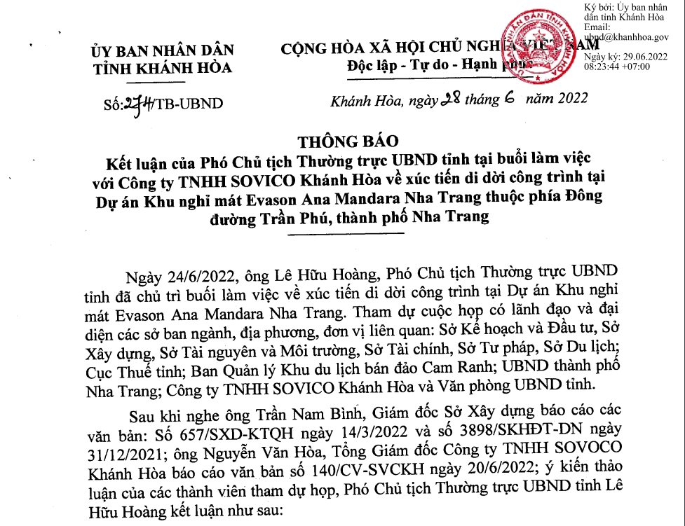 Th&ocirc;ng b&aacute;o của UBND tỉnh Kh&aacute;nh H&ograve;a về việc y&ecirc;u cầu dừng hoạt động Khu nghỉ M&aacute;t&nbsp;Evason Ana Mandara Nha Trang