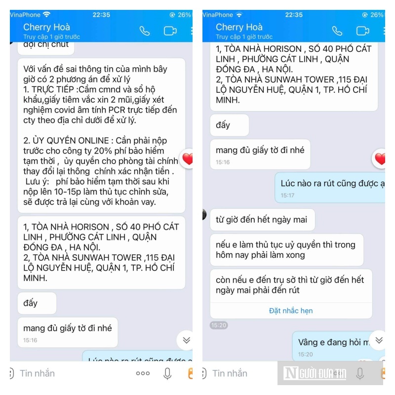 Tin nhắn trao đổi giữa chị S. v&agrave; Cherry H&ograve;a về việc y&ecirc;u cầu xử l&yacute; lỗi khi chị S kh&ocirc;ng nhận được tiền.