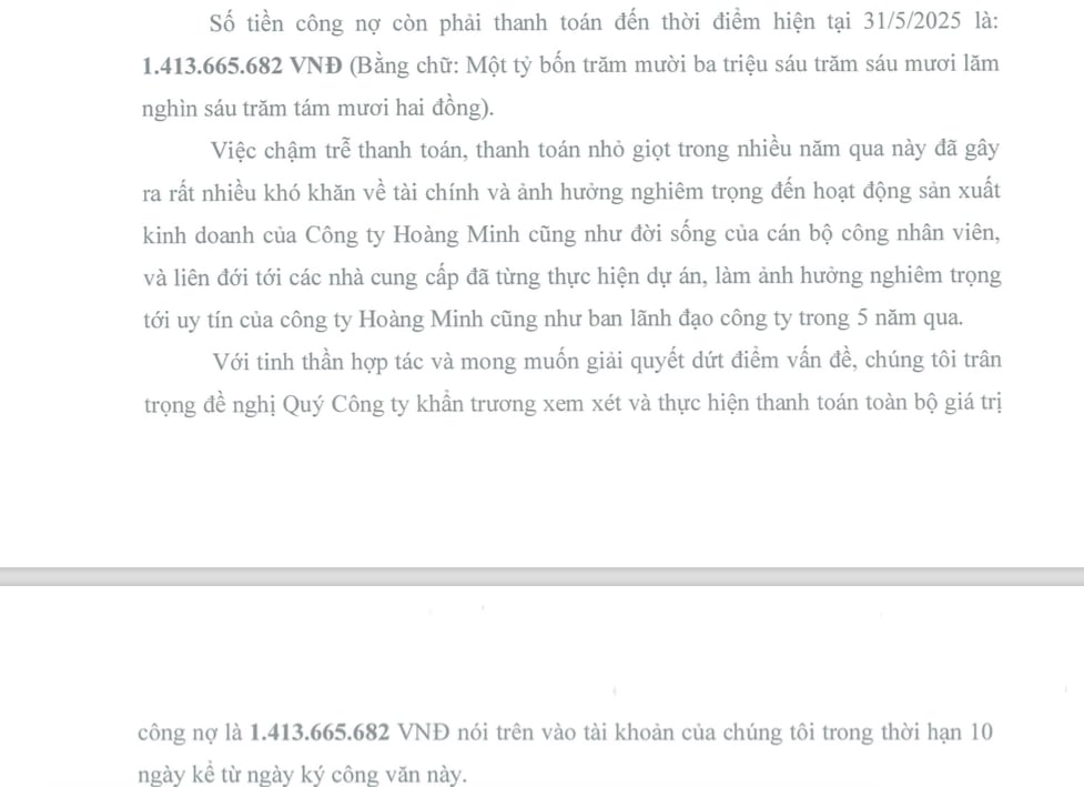 C&ocirc;ng ty ACE 6 Việt Nam đ&atilde; x&aacute;c nhận c&ograve;n nợ C&ocirc;ng ty Ho&agrave;ng Minh số tiền hơn 1,4 tỷ đồng