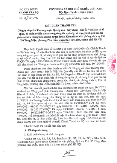 Kết luận số 45/KL-Ttra ghi nhận nhiều hạng mục đ&atilde; được Chủ đầu tư khắc phục. &nbsp;