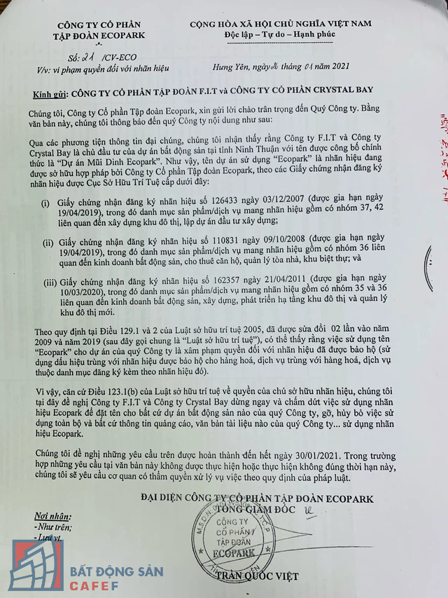 Tập đoàn Ecopark bất ngờ tố Crystal Bay và F.I.T có những vi phạm nghiêm trọng, có thể khởi kiện ra tòa - Ảnh 1