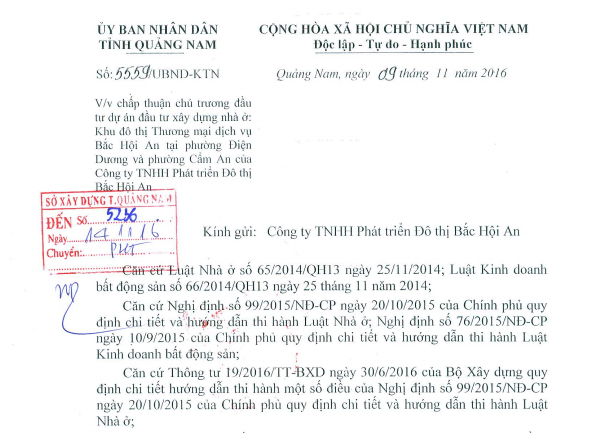 C&ocirc;ng văn chấp thuận chủ trương đầu tư dự &aacute;n Khu đ&ocirc; thị thương mại dịch vụ Bắc Hội An do C&ocirc;ng ty TNHH Ph&aacute;t triển đ&ocirc; thị Bắc Hội An l&agrave;m chủ đầu tư