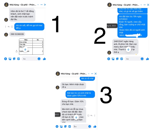 Tin nhắn chị Minh Anh trao đổi đặt b&agrave;n qua Fanpage nh&agrave; h&agrave;ng. Ảnh chụp m&agrave;n h&igrave;nh&nbsp;