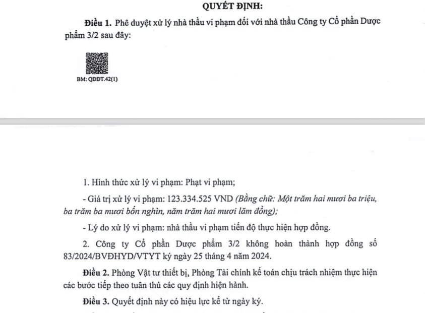 Quyết định xử l&yacute; vi phạm đối với&nbsp;C&ocirc;ng ty cổ phần Dược phẩm 3/2