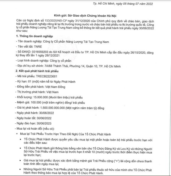 Th&ocirc;ng tin l&ocirc; tr&aacute;i phiếu của CTCP Năng lượng t&aacute;i tạo Trung Nam &ndash; th&agrave;nh vi&ecirc;n của Trungnam Group (Nguồn: HNX).