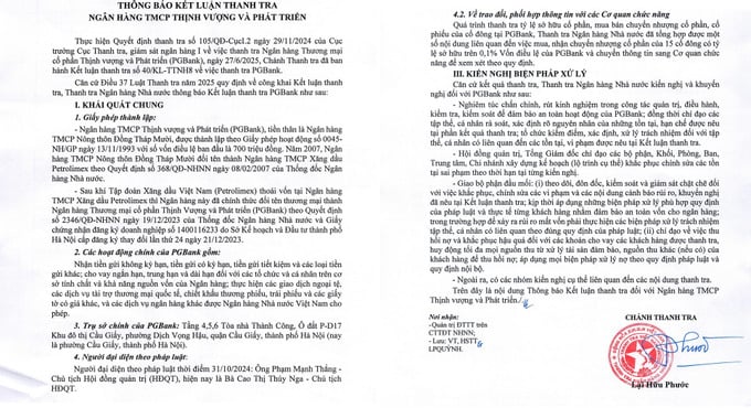 Ng&acirc;n h&agrave;ng Nh&agrave; nước đ&atilde; c&ocirc;ng khai kết luận thanh tra đối với Ng&acirc;n h&agrave;ng TMCP Thịnh Vượng v&agrave; Ph&aacute;t triển (PGBank) theo th&ocirc;ng b&aacute;o số 1446/TB-TTNH8.
