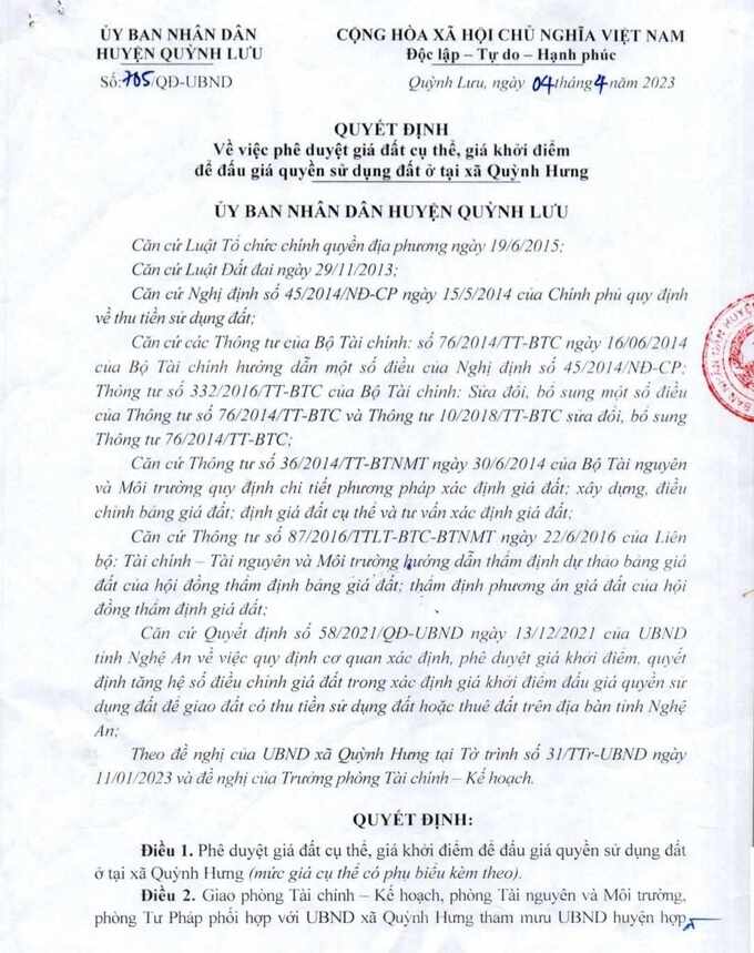 Quyết định ph&ecirc; duyệt gi&aacute; đất cụ thể, gi&aacute; khởi điểm của 56 l&ocirc; đất tại x&oacute;m 5, x&atilde; Quỳnh Hưng, huyện Quỳnh Lưu.