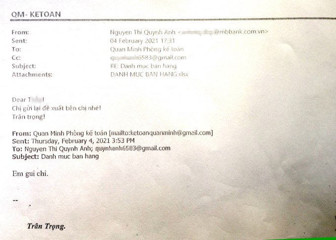 Email trao đổi của b&agrave; Nguyễn Thị Quỳnh Anh với Kế to&aacute;n C&ocirc;ng ty TNHH Quan Minh, gửi k&egrave;m file đề xuất giảm gi&aacute; gi&aacute; nhiều l&ocirc; đất dự &aacute;n Ocean Park V&acirc;n Đồn đ&atilde; được lập vi bằng sự việc. Ảnh: MP.