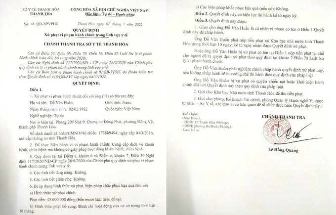 Quyết định xử phạt của Sở Y tế Thanh H&oacute;a.