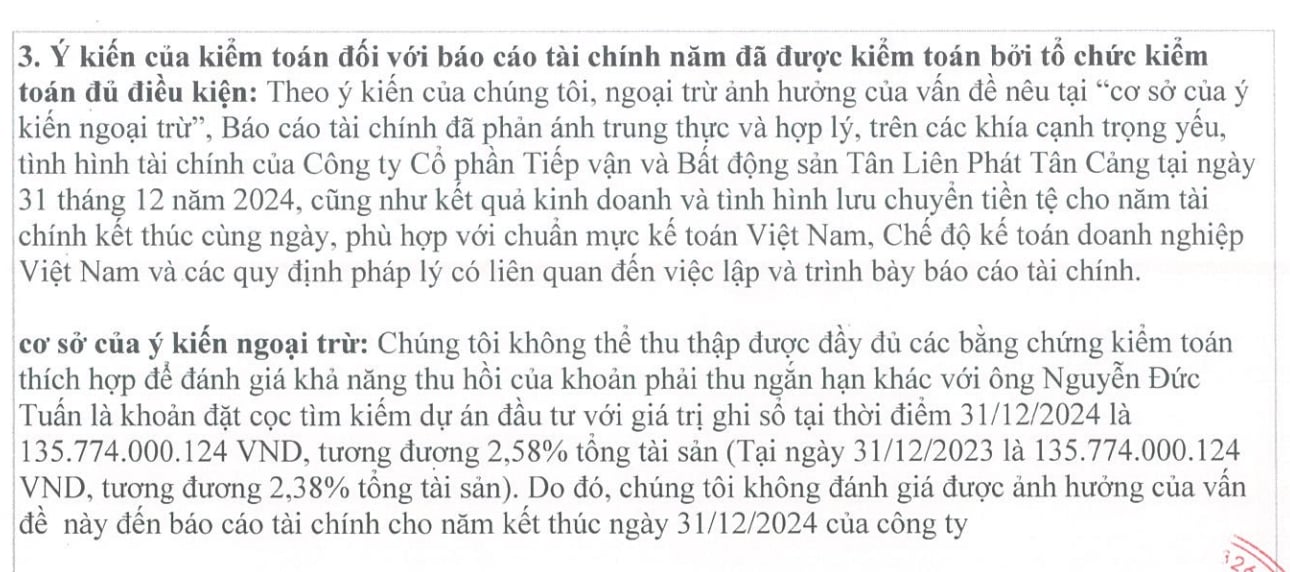 Trong b&aacute;o c&aacute;o t&agrave;i ch&iacute;nh năm 2024 đ&atilde; kiểm to&aacute;n, kiểm to&aacute;n vi&ecirc;n đ&atilde; đưa ra &yacute; kiến ngoại trừ